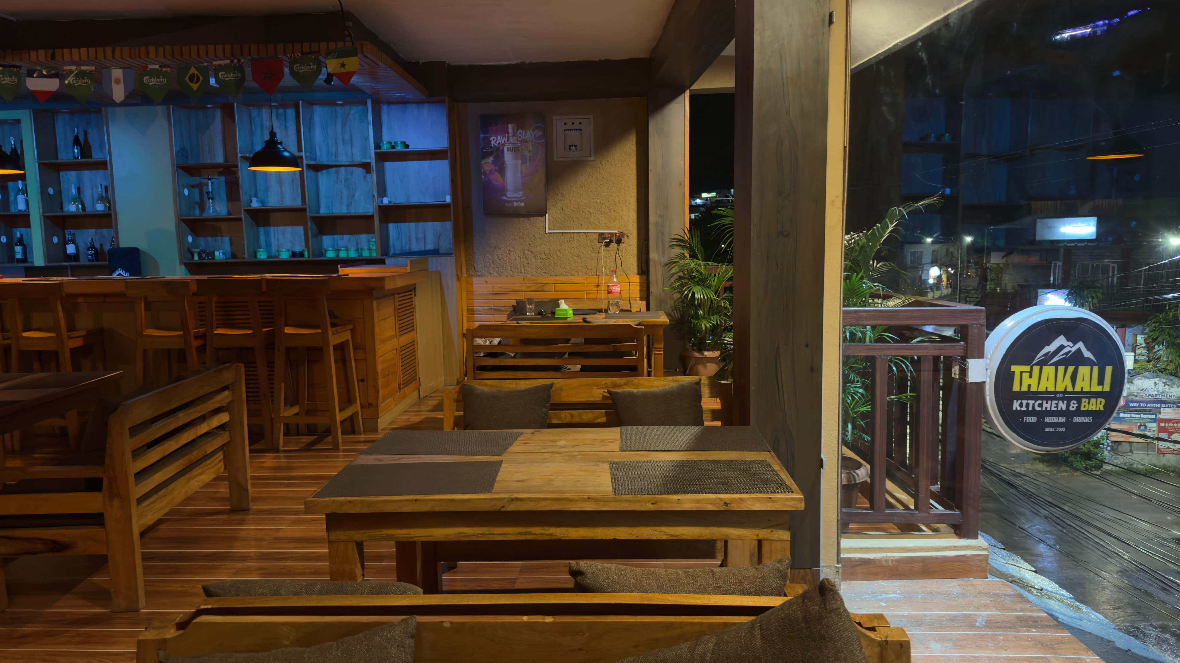 The dining room and timber bar seating inside Lekavya Lounge
